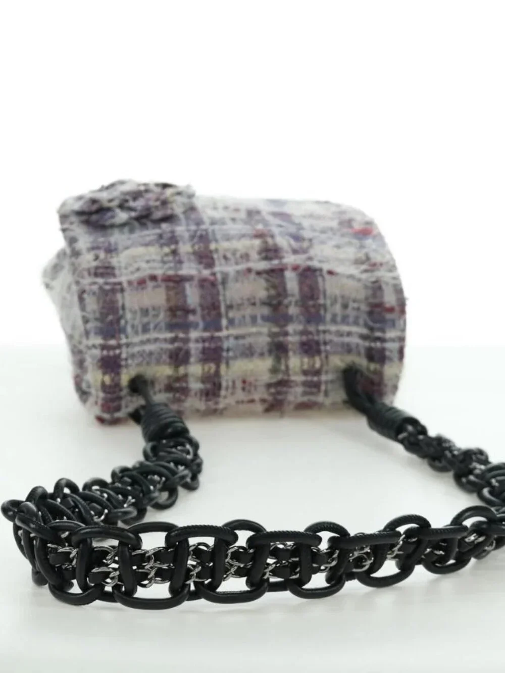 CHANEL Chain Camelia Shoulder Bag Tweed Purple Silver CC Auth LNZ320SAv